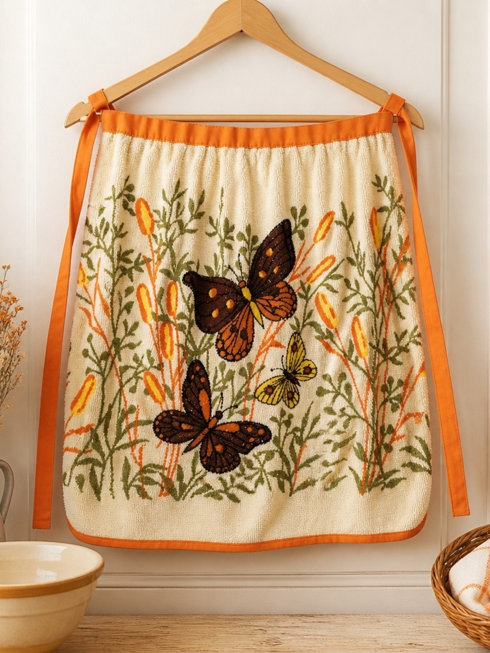 Butterfly Embroidered Apron with Orange Trim - Home Kitchen